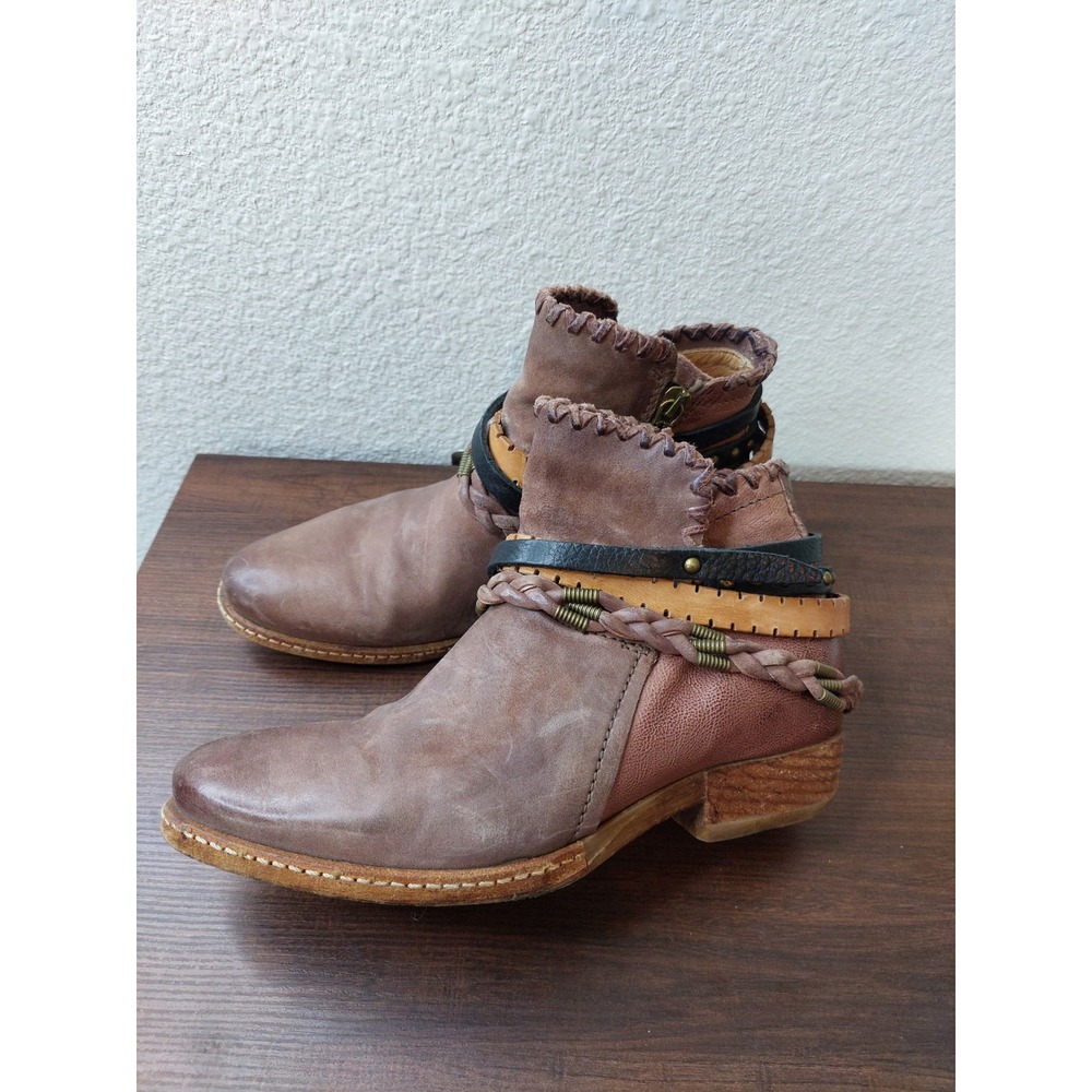 A.S. 98 Leather Braided Strap Ankle Boots Brown Size US 6.5/7 Boho Zipper
